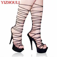 Удобные и соблазнительные замшевые, римские сандалии на ремнях, с толстой водонепроницаемой Таблица 15 см высокие сандалии, этап Обувь для танцев