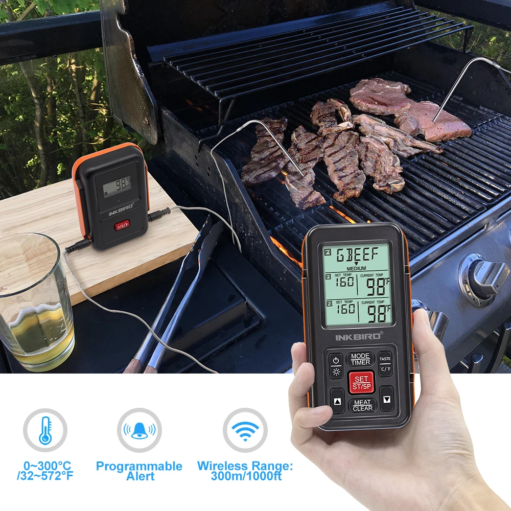 

US DE CN STOCK IRF-2S 300M Remote Wireless Food Kitchen Thermometer Dual Probe For BBQ, Smoker, Grill, Oven, Meat With Timer