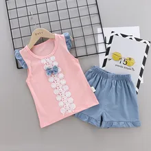 Детская Кружевная футболка с бантом и цветочным принтом для маленьких девочек топ+ шорты, штаны комплекты из 2 предметов одежда для детей костюм для дня рождения