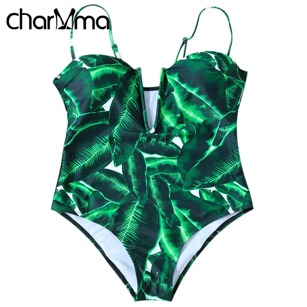CHARMMA Swimsuit Women Green Palm Leaf Print Plunge Swimsuit One Piece