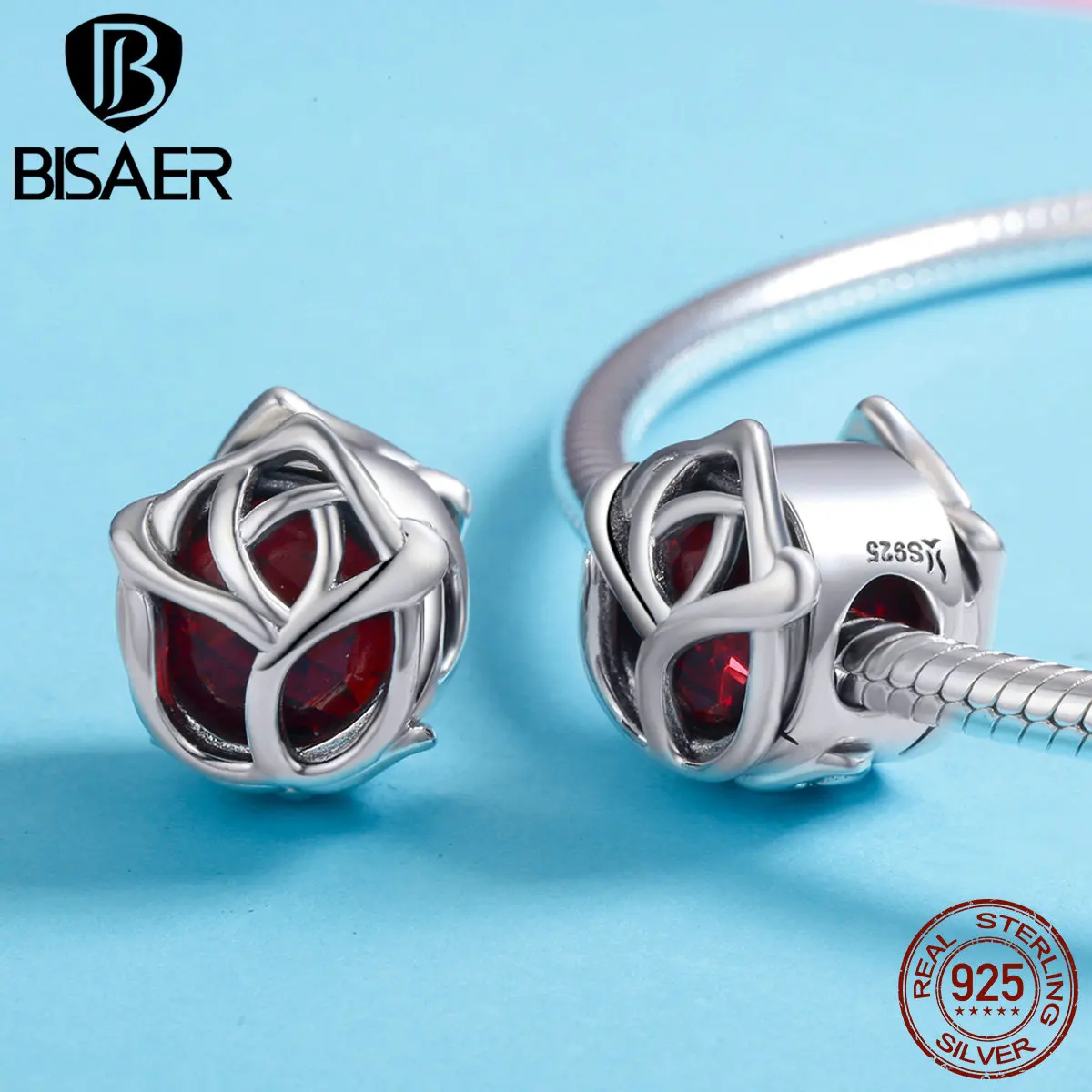 Günstige BISAER 100% 925 Sterling Silber Perles Romantische Rote Rose Blume Form Charme Perlen fit Charme Armband 925 Silber Schmuck GXC568