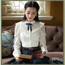 2016 Autumn Women Blouse Shirt Elegant Vintage Retro white Stand Collar Long sleeve Blusa Top