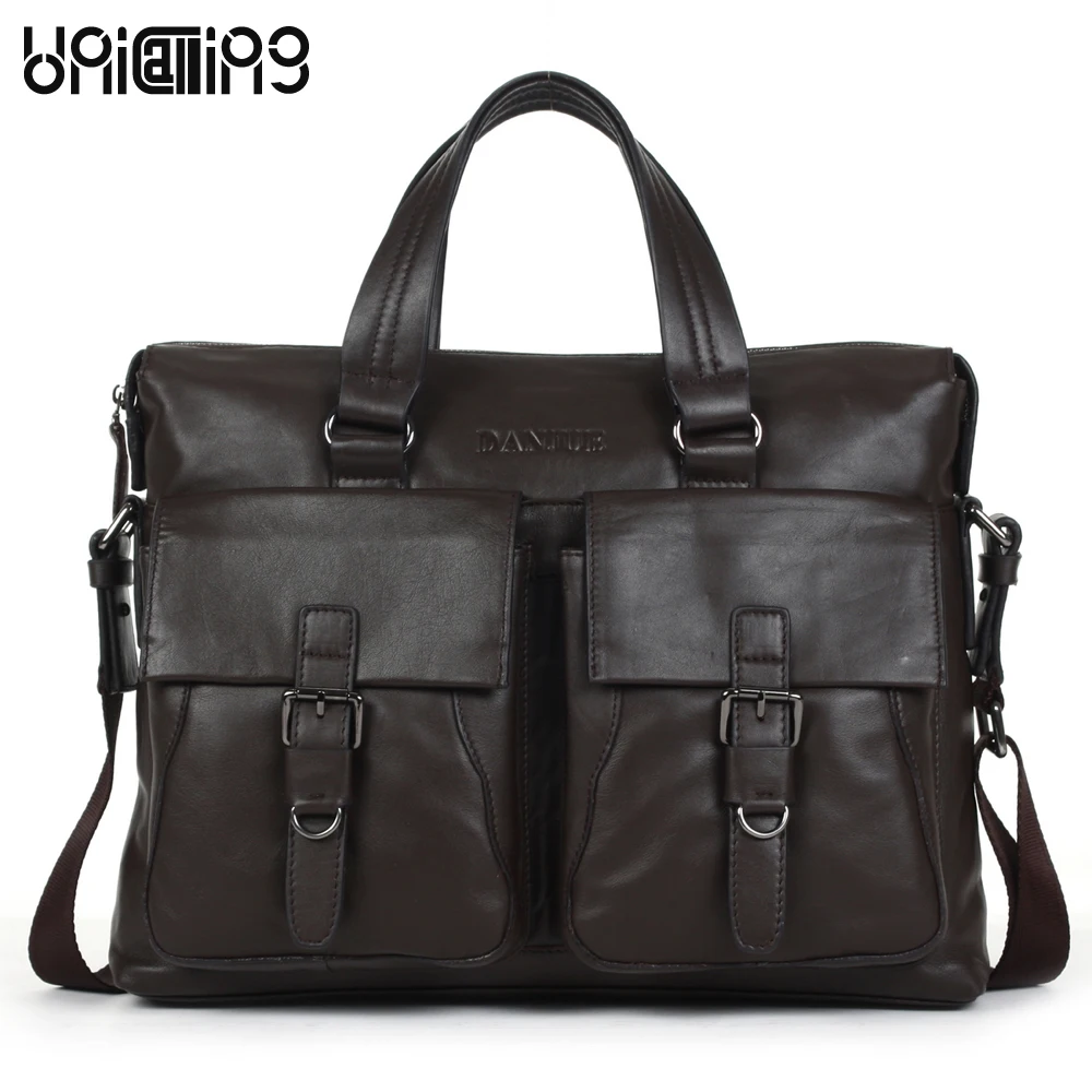 

UniCalling brand quality genuine leather men handbag with two front cover pockets casual business leather laptop computer bag