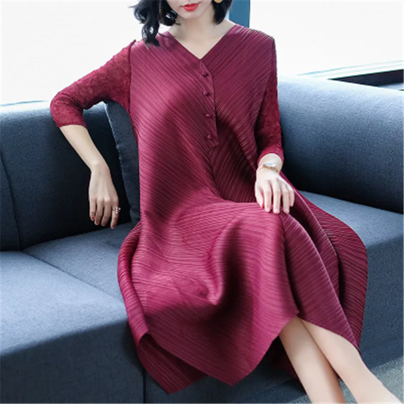 

2019 spring new women's loose large size miyak folds long fashion temperament elegant mother dress