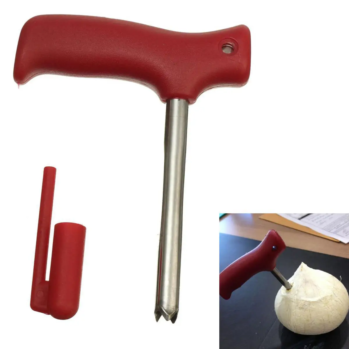 1PC Stainless Steel Red Handle Coconut Opener Tool Coco Water Punch Tap Drill Straw Open Hole Cut Gift Fruit Openers Tools