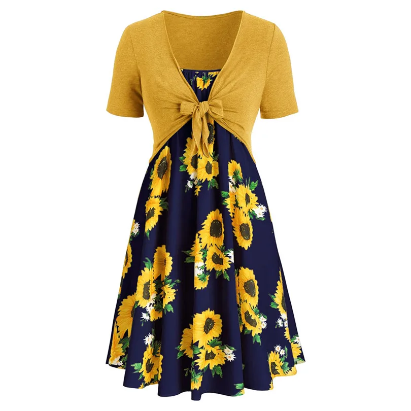 New Women Summer Sexy Short Sleeve Bow Knot Bandage Top Sunflower Print Mini Dress Suits Bohemian Casual Beach Dress #4A30 (3)