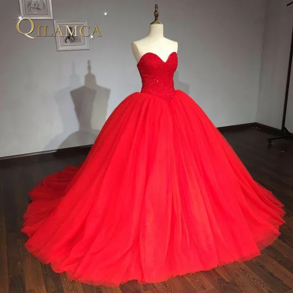 Настоящая фотография Vestidos De Novia 2017 красный Свадебные платья из бисера принцесса бальные платья свадебные платья халат де mariée