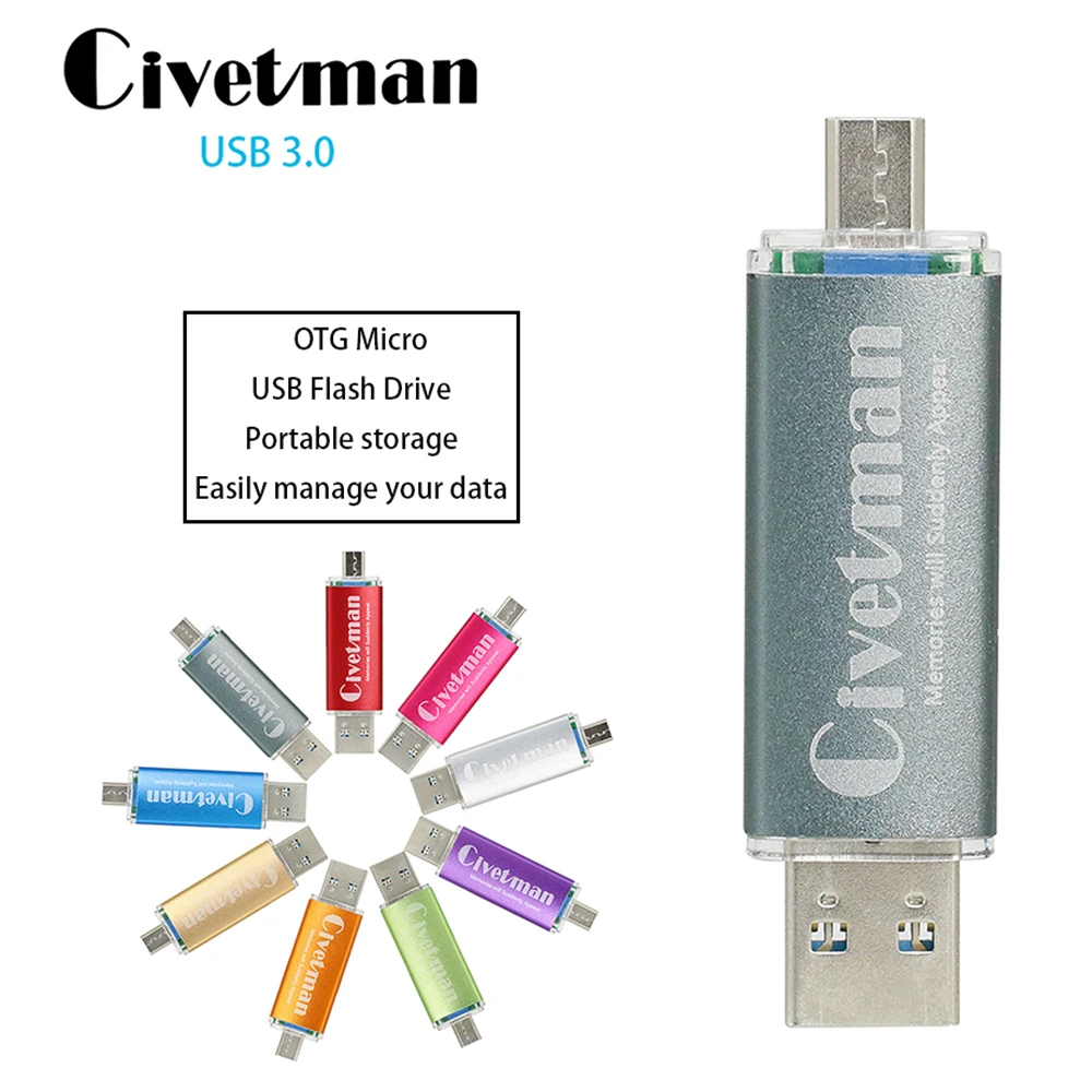 Civetman флеш-накопитель USB 3,0, металл, OTG, для телефона Android, высокоскоростной USB флеш-накопитель, 16 ГБ, 32 ГБ, 64 ГБ, 128 ГБ, флеш-накопитель, карта памяти