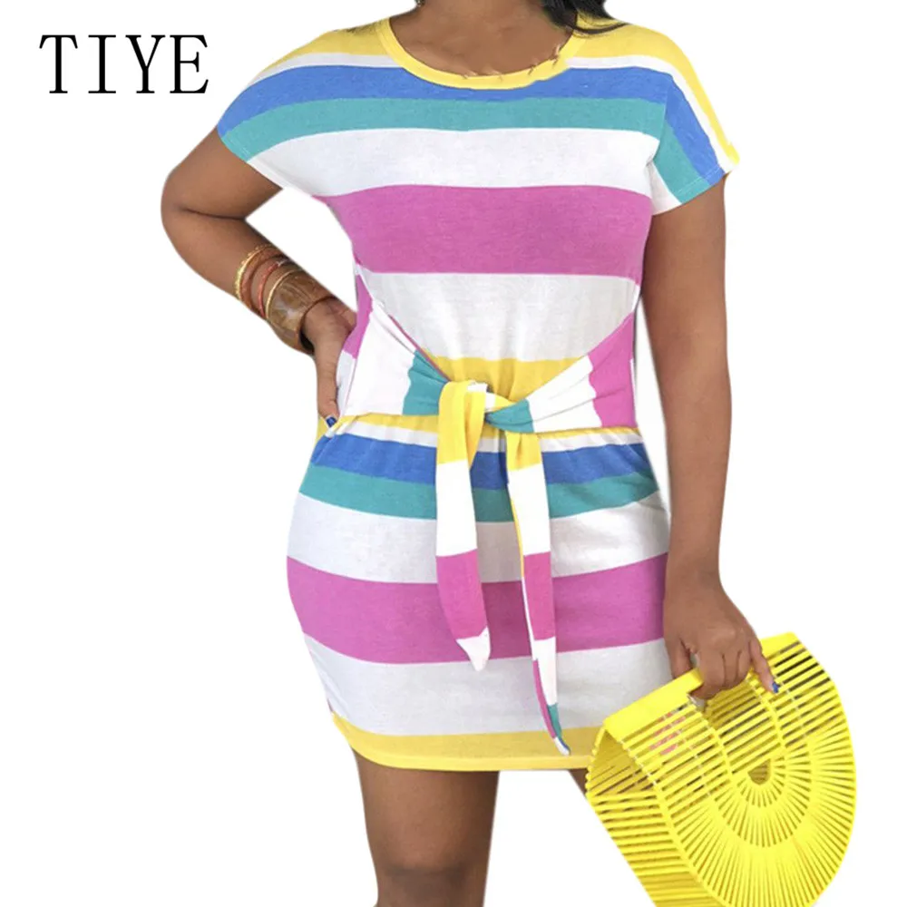 

TIYE Explosion Models Women's Cute Casual Rainbow Striped Cotton Dress Fashion O-neck Short Sleeve Tie Up Vintage Mini Dress