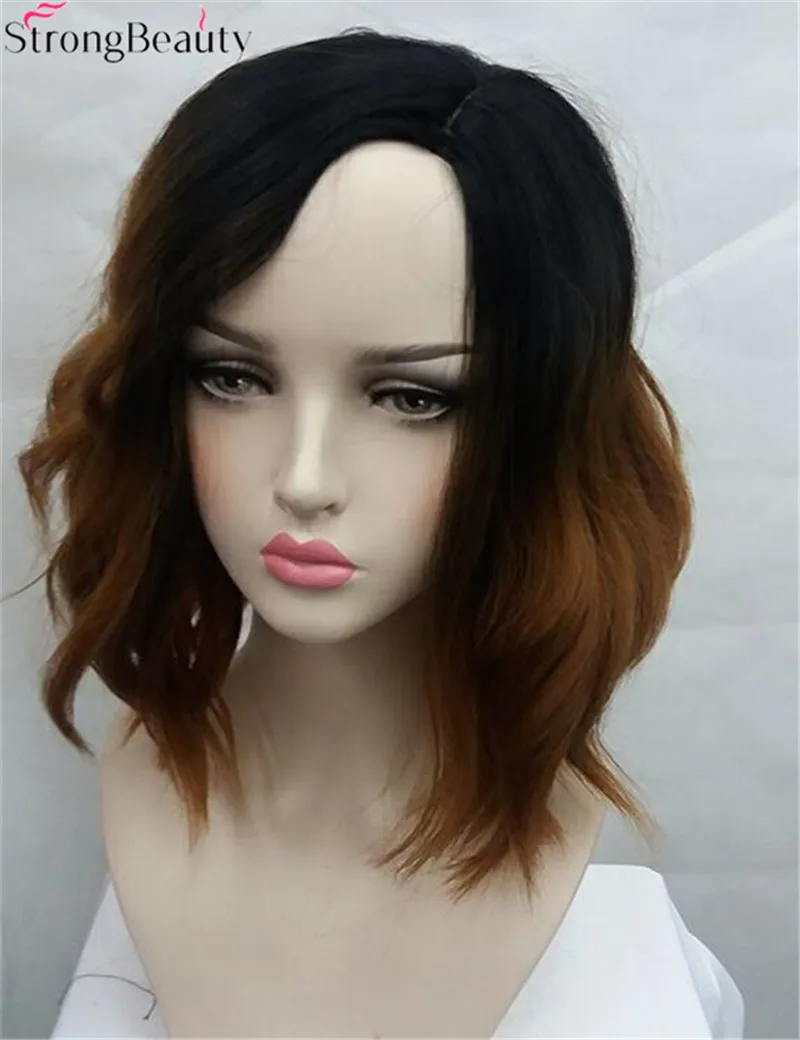 Сильный красота короткий волнистый синтетический парик с омбре с черным корнем женский парик