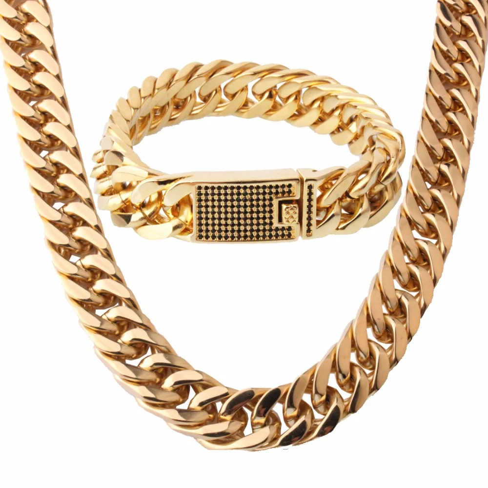 

Biker Men's Necklace(20-30")&Bracelet(8-10") Jewelry Sets Gold Color Casting Stainless Steel Clasp 15mm Curb Cuban Link Chain