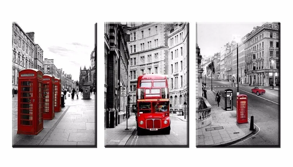 3 Piece Vintage London Street Red Bus Canvas Wall Picture for Living Room Art Landscape Decorative pictures Home Decor | Дом и сад