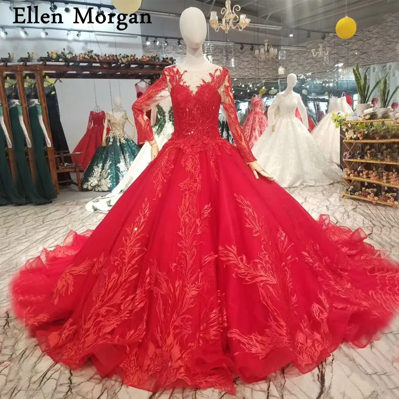 

Red Long Sleeves Ball Gowns Wedding Dresses 2019 Custom Made Sheer Neck Lace up Real Images Beaded Elegant Princess Bridal Gowns