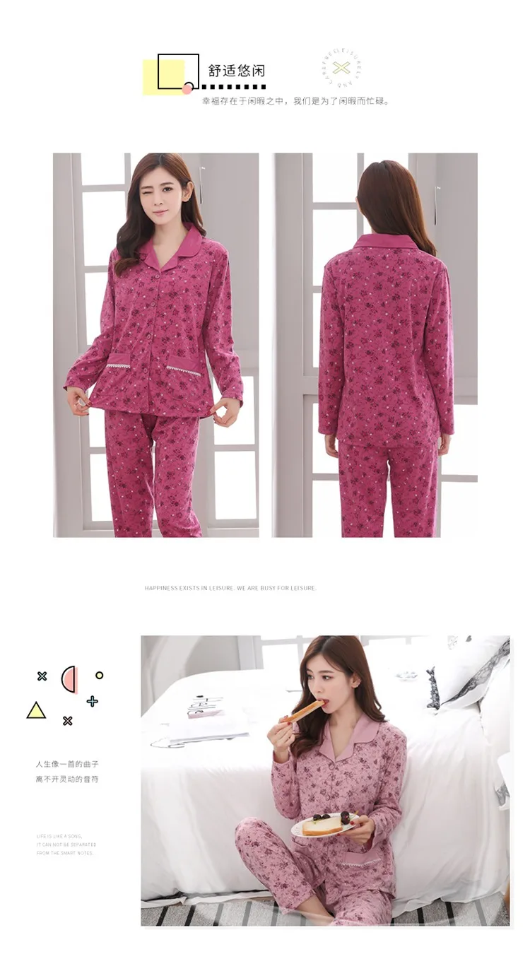 Пижамные комплекты размера плюс из хлопка для женщин, весенне-осенняя пижама с длинным рукавом и принтом, домашняя пижама, одежда для женщин