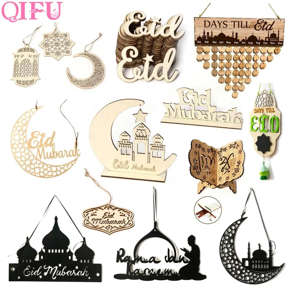 

QIFU Wooden Eid Mubarak Decorations For Festival Party Muslim Decorative Plaques Hanging Pendant Decor For Ramadan Decoration
