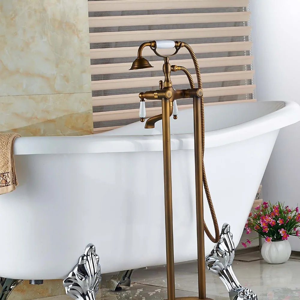 Опт и розница керамический стиль античная латунь ванная ванна кран напольный кран для ванной W/ручной душ кран-смеситель с опрыскивателем