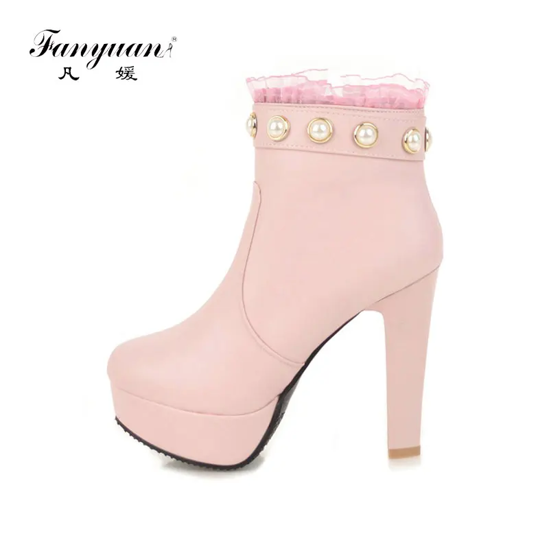 

Fanyuan Winter warm Zipper Ankle Boots Women Platform High Heel Work Boots Ruffles pearl Short Boots Casual Ladies Footwear