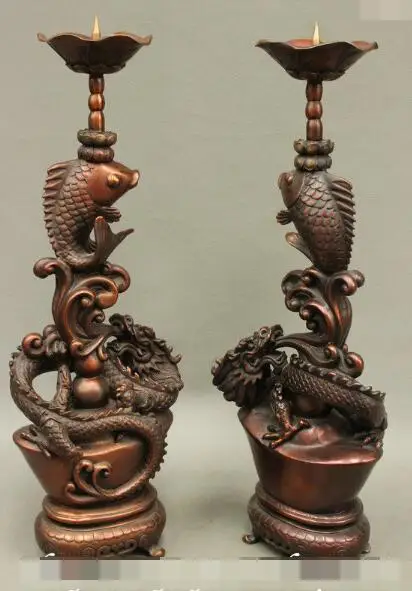 

S02694 16 Chinese Royalty Pure Bronze Dragon Fish Statue Candle Holder Candlestick Pair B0403