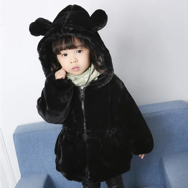 CROAL CHERIE 70-120cm Cute Bear Ear Winter Jacket Boys Hooded Flannel Warm Girls Coats Kids Infant Overcoat Black (7)