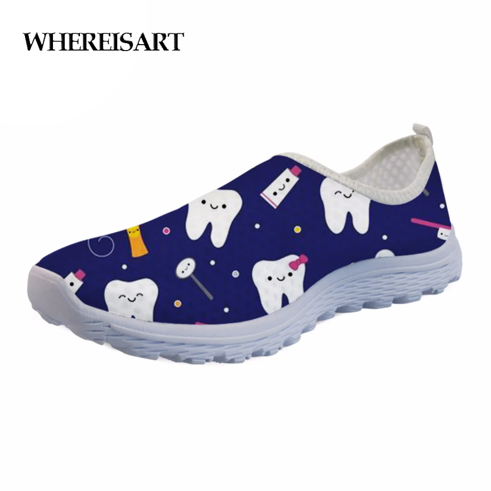 

WHEREISART Dentista Zapatos Mujer Women Cute Dentist Pattern Flats Mesh Shoes Woman Breathable Cartoon Female Summer Shoes 2019