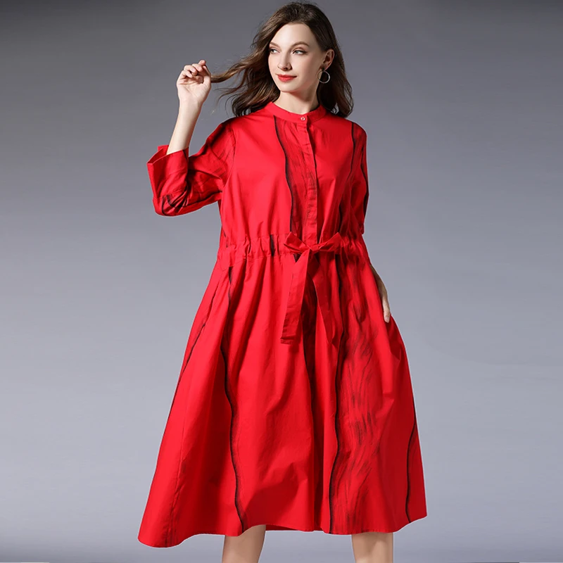 

2019 spring cotton loose blouse dress plus size striped bow design women oversized casual long dresses black/red/khaki