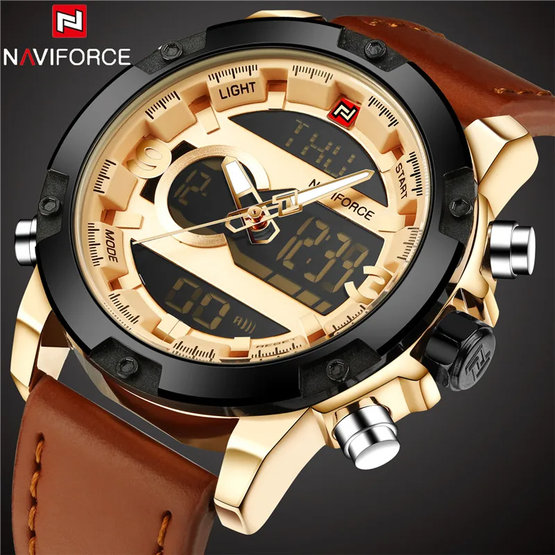 Мужские спортивные часы марки NAVIFORCE светодиодные цифровые и аналоговые кожаные