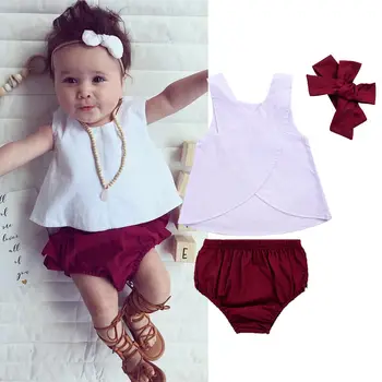 

2019 New Infant Toddler Clothes Baby Girl Tank Top Dress+Shorts Pants+Headwear Outfit Set Solid Color Sleeveless Cool Sets