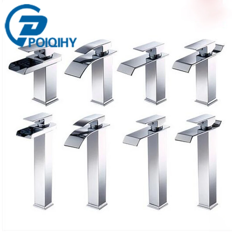 

POIQIHY 8 style chrome basin faucet waterfall faucet mixer tap hot and cold water single handle single hole deck mounted