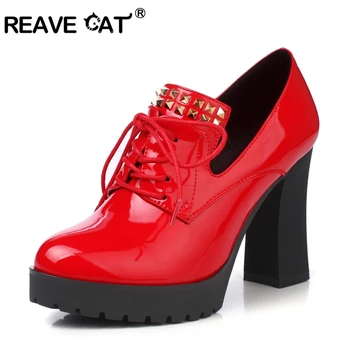 

REAVE CAT 2018 Lace-up Platform High heels Shoes woman Cool Ladies pump Black Red Solid PU Rubber Rivet Pu leather Solid A1050