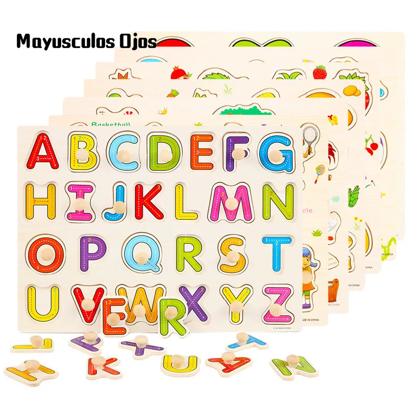 

ZH 1PC Wooden Handgrip Jigsaw Puzzle Enlightenment Teaching Aids Alphabet Number Mushrooms Set Cartoon Educational Toys