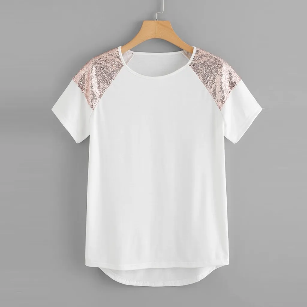 

Fashion Tshirt Women Casual Contrast Sequin Loose Short Sleeve Round Neck T-shirt Tops Harajuku Korean Clothes Aesthetic