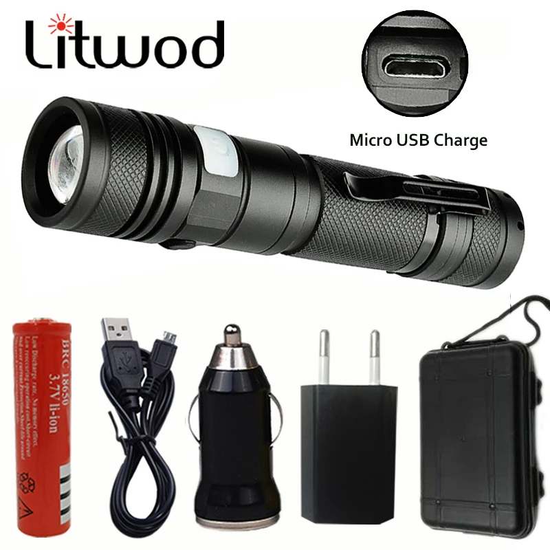 Litwod Z30 1301 светодиодный светильник-вспышка Micro USB Перезаряжаемый фонарь XM-L T6 Zoomable 5 режимов алюминиевый фонарь для кемпинга и верховой езды светильник