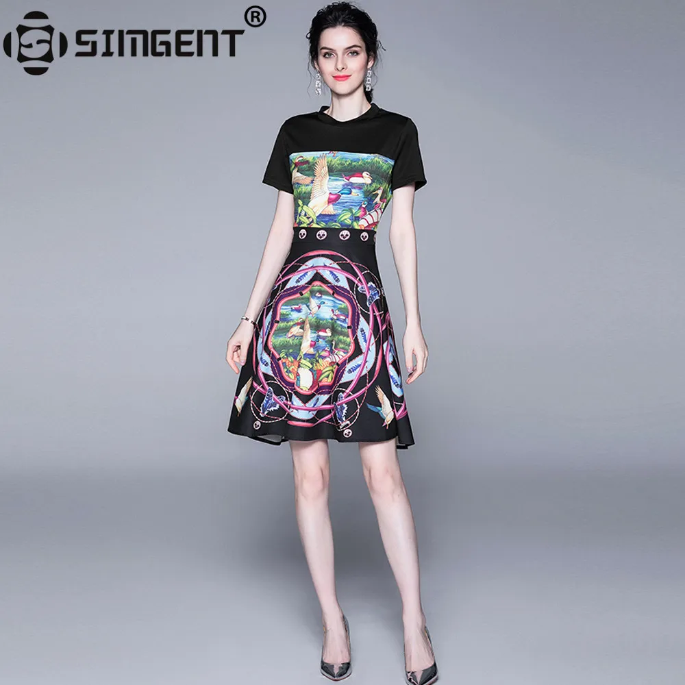 

Simgent Animal Print Dress New Arrival Vintage Short Sleeve One Neck Patchwork Casual A Line Summer Women Dress Vestidos SG9761
