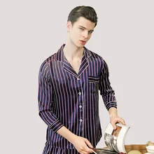 Новые Большие размеры Мужские, повседневные, пропускающие воздух, высокие пижамы из искусственного шелка, комплект мужской полосатой одежды для сна, мужские пижамы, Vestidos TZ719