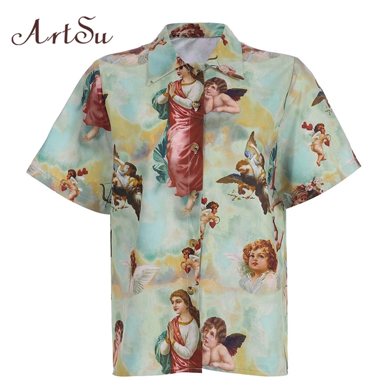 

ArtSu Printed Angel Shirt Women Short Sleeve Vintage Blouse Ladies Turn-down Collar Harajuku Shirts Women Summer ASBL20449