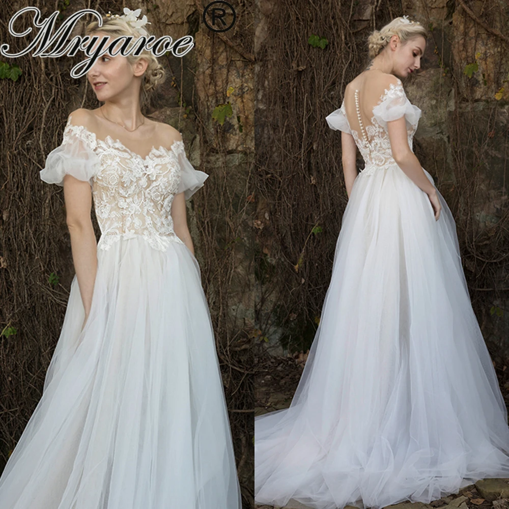 

Mryarce Tulle Wedding Dress Puff Sleeves Exclusive Lace Appliques A Line Bridal Gowns With Buttons Back