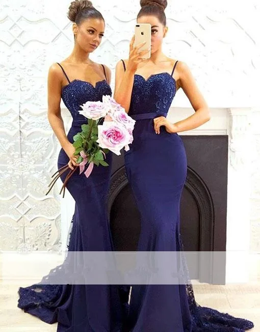 Синий 2019 дешевые платья подружки невесты до 50 Русалка Спагетти ремни кружева бисером свадебные платья
