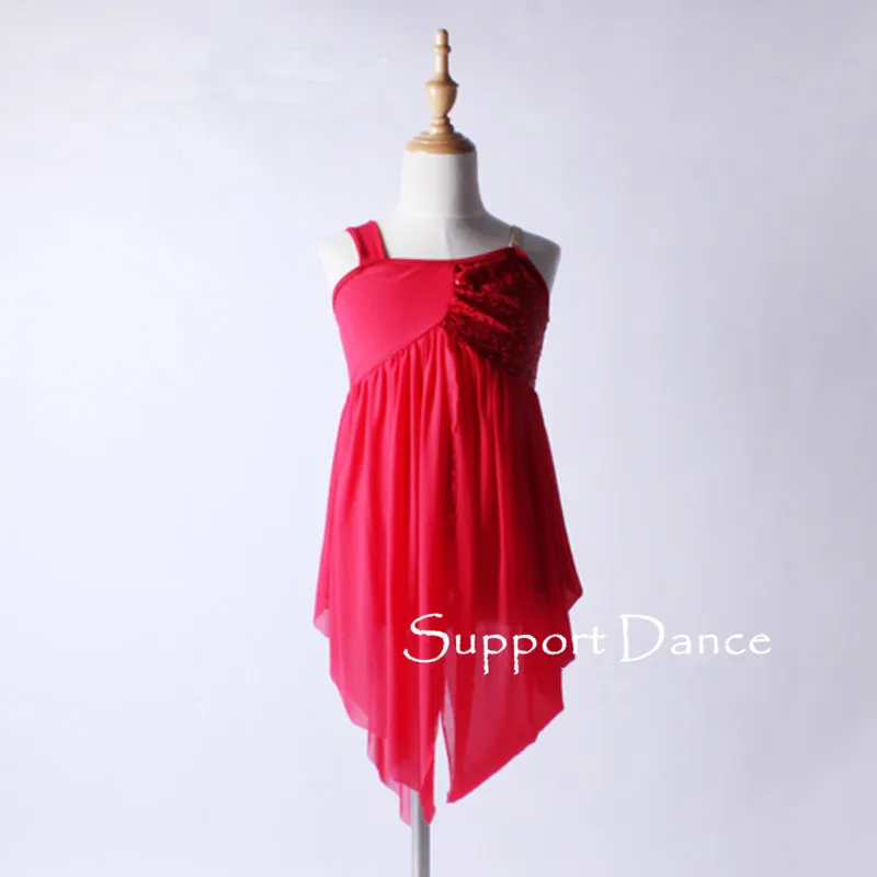 

Girls Women Sequin Chiffon Latin Dress With Irregular Skirt Kids Adult Red Modern Dance Costume C132