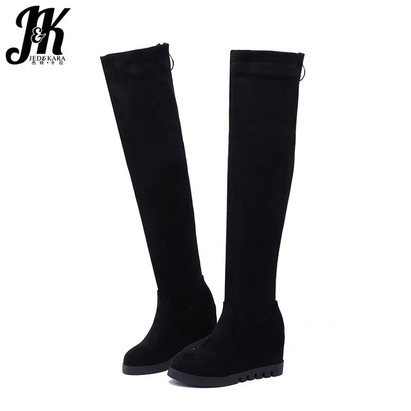 

JK Insert Boots Women Stretch Flock Platform Boot Ladies Round Toe High Heels Shoes Zip Over The Knee Shoes Female Winter 2020