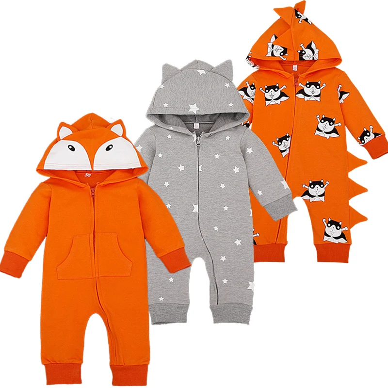 Cartoon Overalls Cotton Newborn Baby Rompers Long Sleeve Hooded Infant