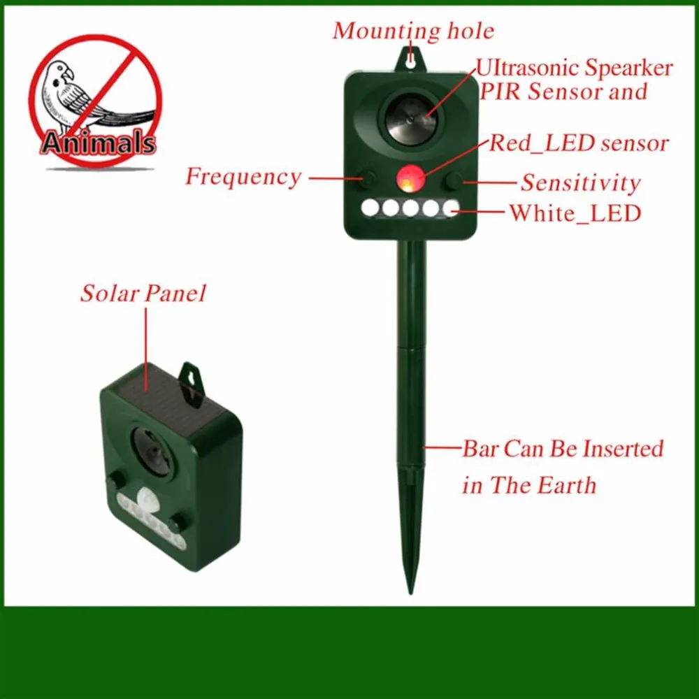 Professional Solar Power Infrared Sensor Animal Cats Dogs And Outdoor Bird Repeller Strong Ultrasonic Wave RCT-512 Green