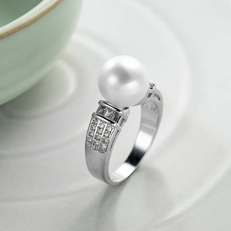 Cute Silver filled Freshwater Cultured 6-7 mm Pearl Rings for Women Clear AAA CZ Wedding Fashion Statement Jewelry Xmas Gift