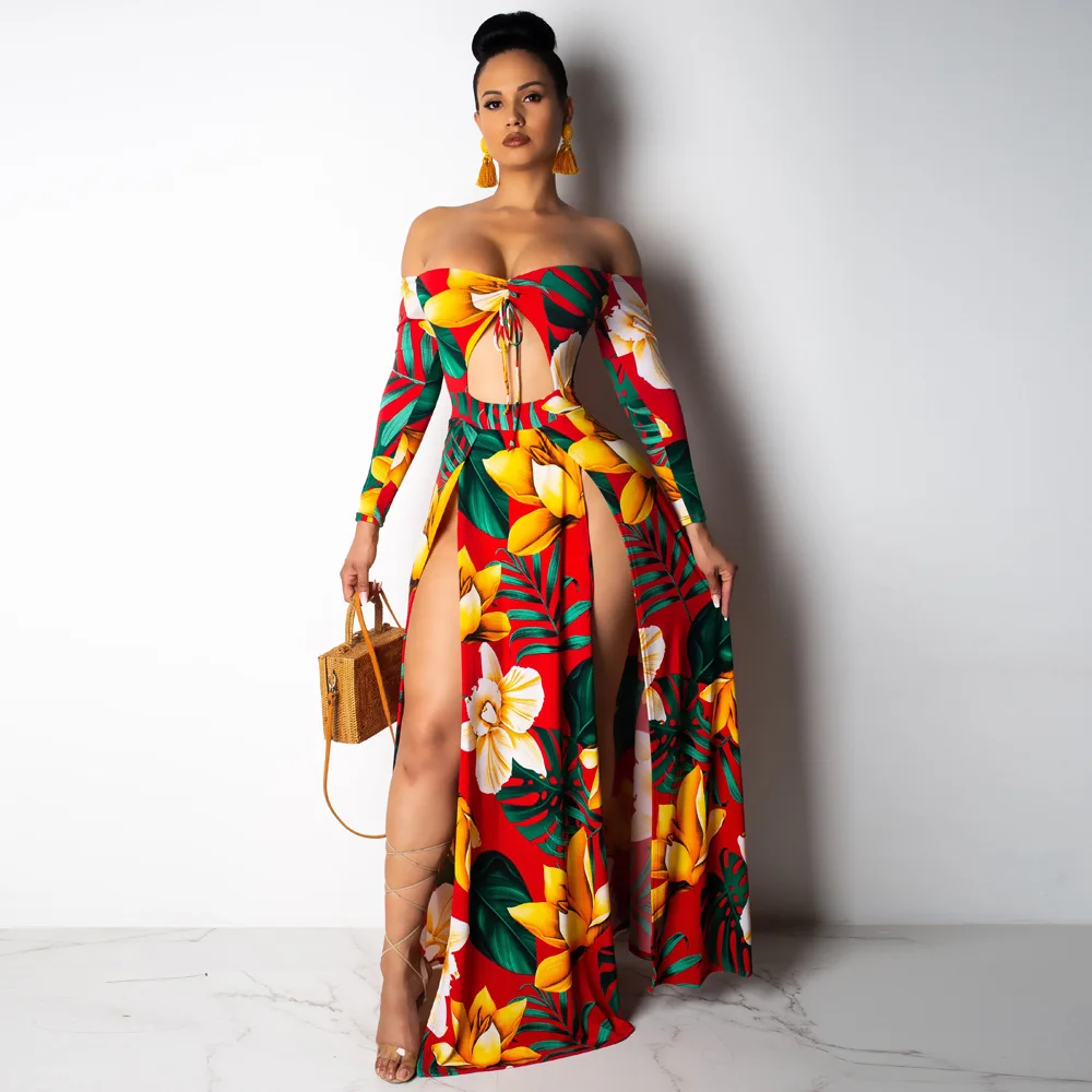 Women Printing Dress Sexy Off Shoulder Backless Cut Out Chest High Split Dresses Club Fashion Wear Night Floral Robes | Женская одежда
