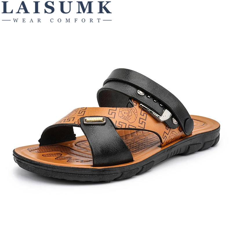 

LAISUMK Men's Fisherman Sandals Sliders Slides Summer Cow Genuine Leather Slip-On Beach Shoes Outdoor Open-toe Casual