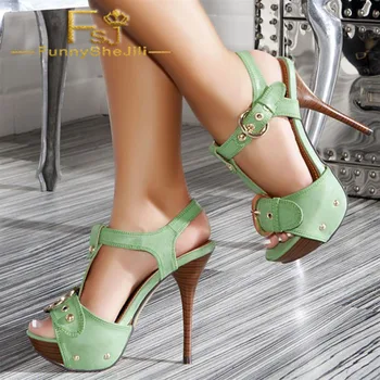 

Green Wide Width Heels Peep Toe T Strap Buckles Platform Sandals Attractive Noble Generous Incomparable Elegant Generous FSJ