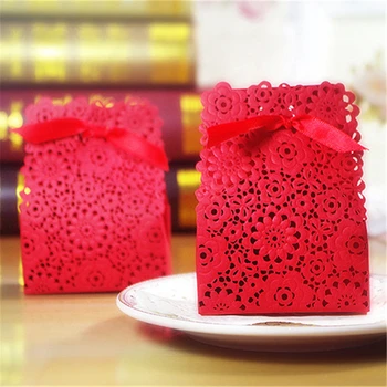 

50pcs/lot Ribbon Hollow Paper Chocolate Candy Box Chinese Style Delicate Gift Holder Party Wedding Present Bag for Guest Friends