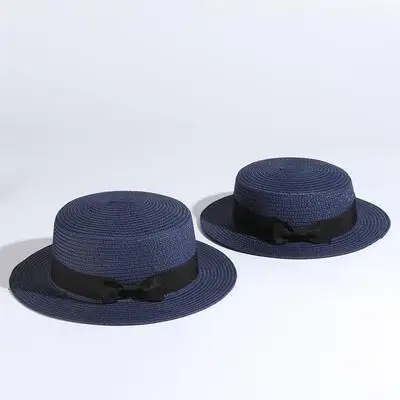 Популярная Солнцезащитная шляпа для родителей и детей, женские и мужские солнцезащитные шляпы, соломенная шляпа ручной работы с бантом, пляжная шляпа с плоским козырьком, Повседневная летняя кепка для девочек 52-55-58см - Цвет: Navy blue