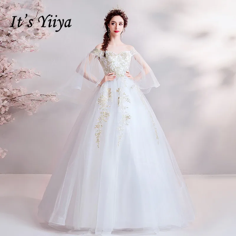 

It's YiiYa Wedding Dress Gold Lace Embroidery Long White Brides Dresses V-neck Flare Sleeve Shining wedding ball gown E178