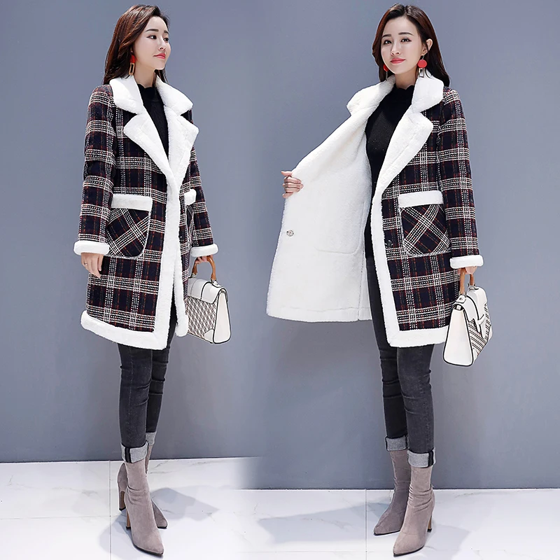 Ягнят Frocking шерстяное клетчатое пальто Корейская мода для женщин утолщение