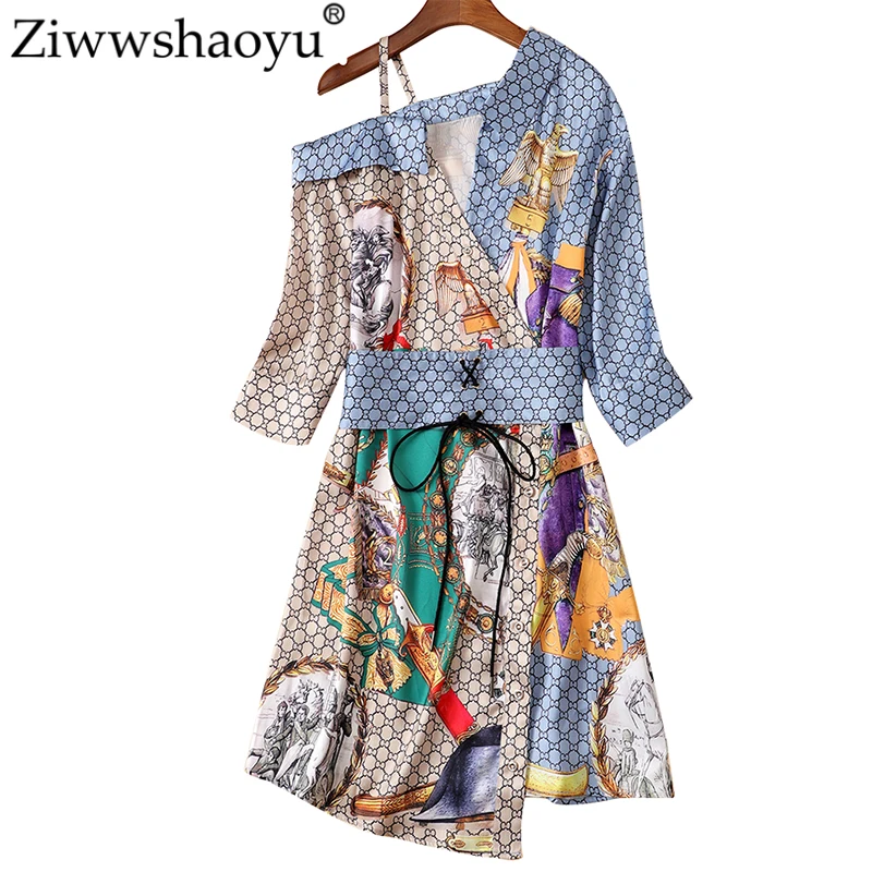 

Ziwwshaoyu Fashion Print dresses Asymmetrical Sashes elegant Slim dress Spring and summer new women's